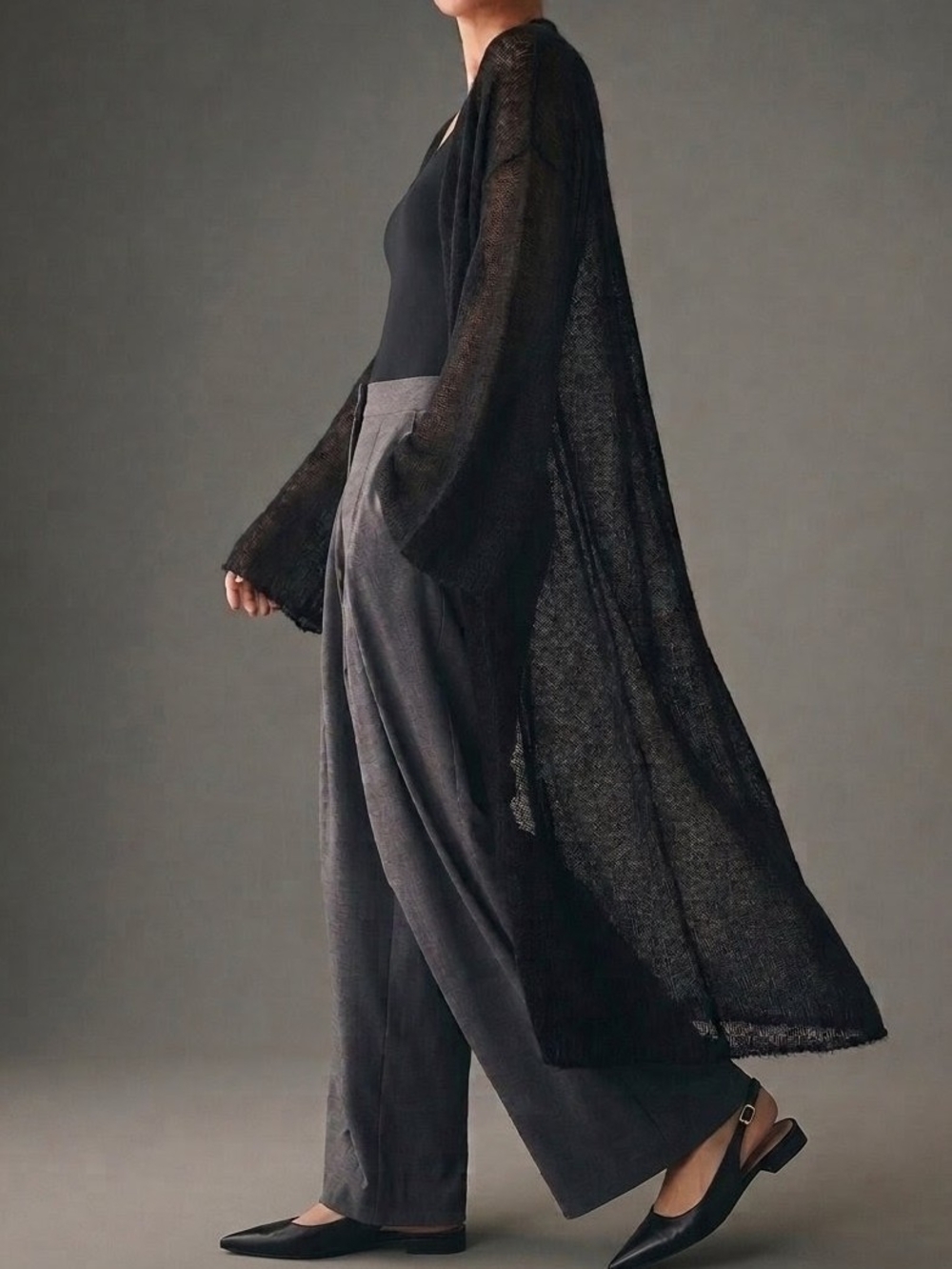 Anthropologie Black Sheer Duster Long Maxi Cardigan One Size Knit  Wool Blend